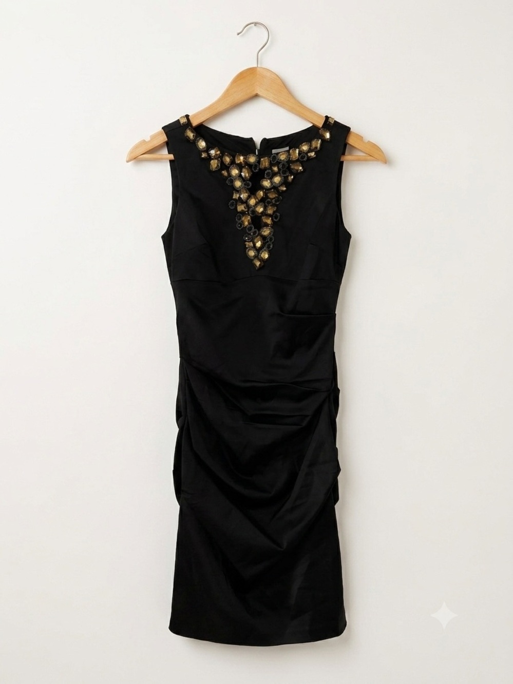 Vtg Cache Black Satin Mini Dress with Gold Gemstone Neckline